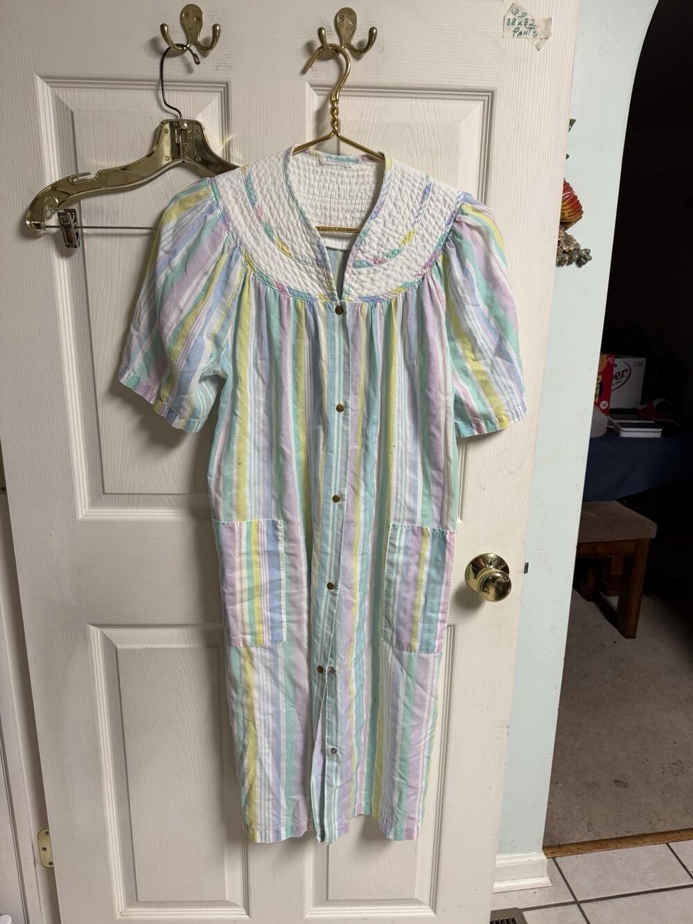 Vnt 90s 80s Pastel Rainbow Stripe House Dress Muumuu Snap Buttons Med 44w 40L
